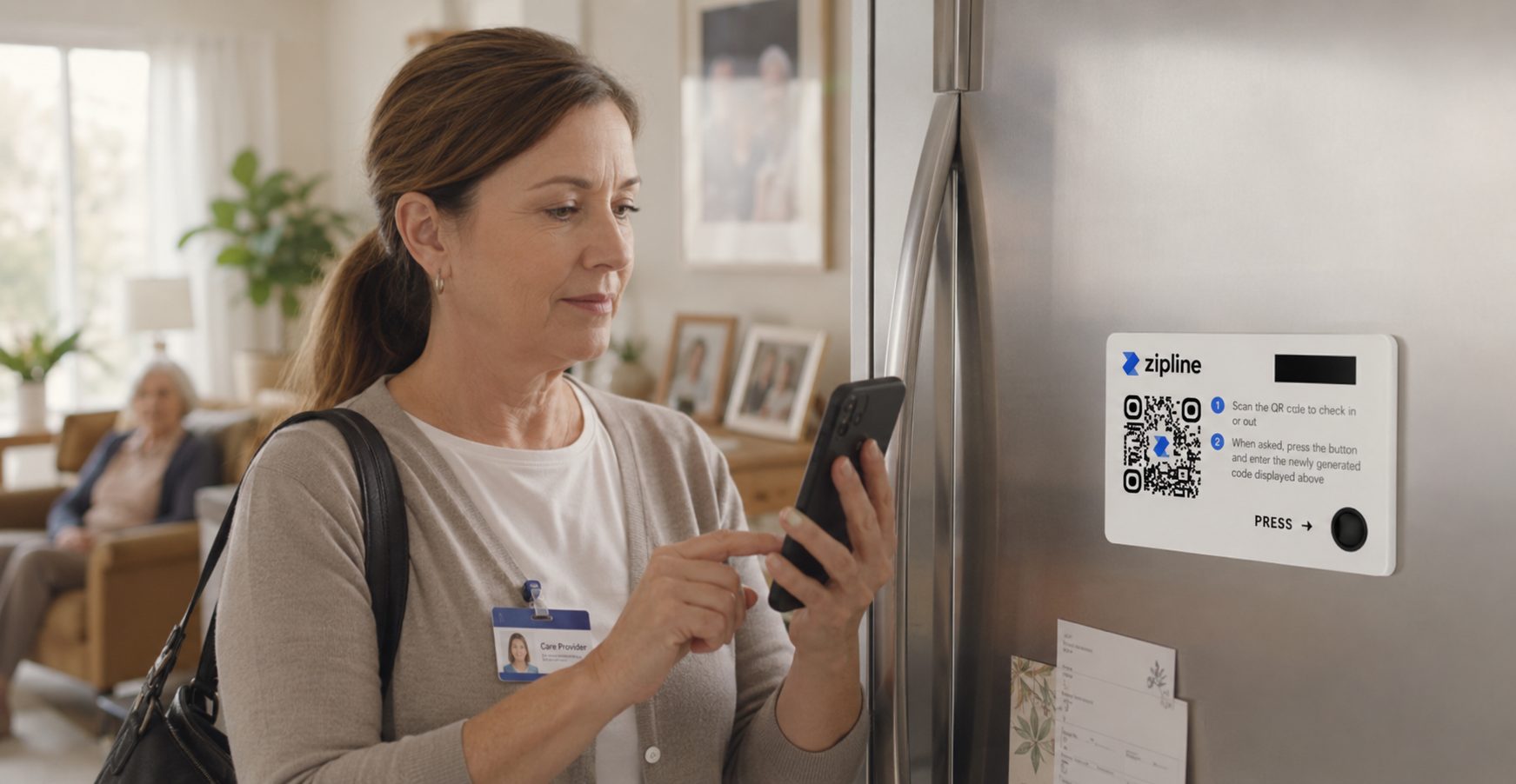 Home care worker scanning a Zipline QR code at a client's home